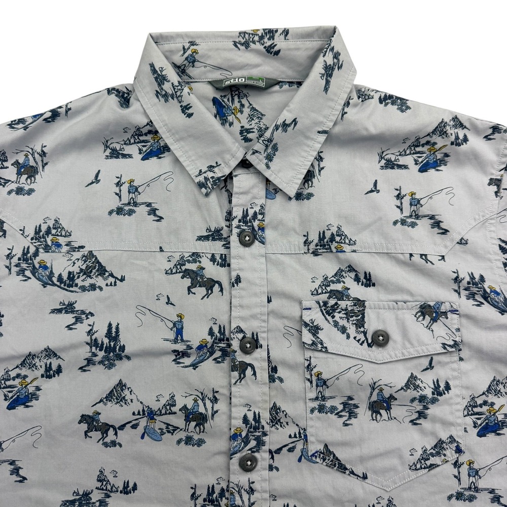 Stio Shirt Mens L Gray Short Sleeve Button Up Fishing Graphic Print Cotton Poly